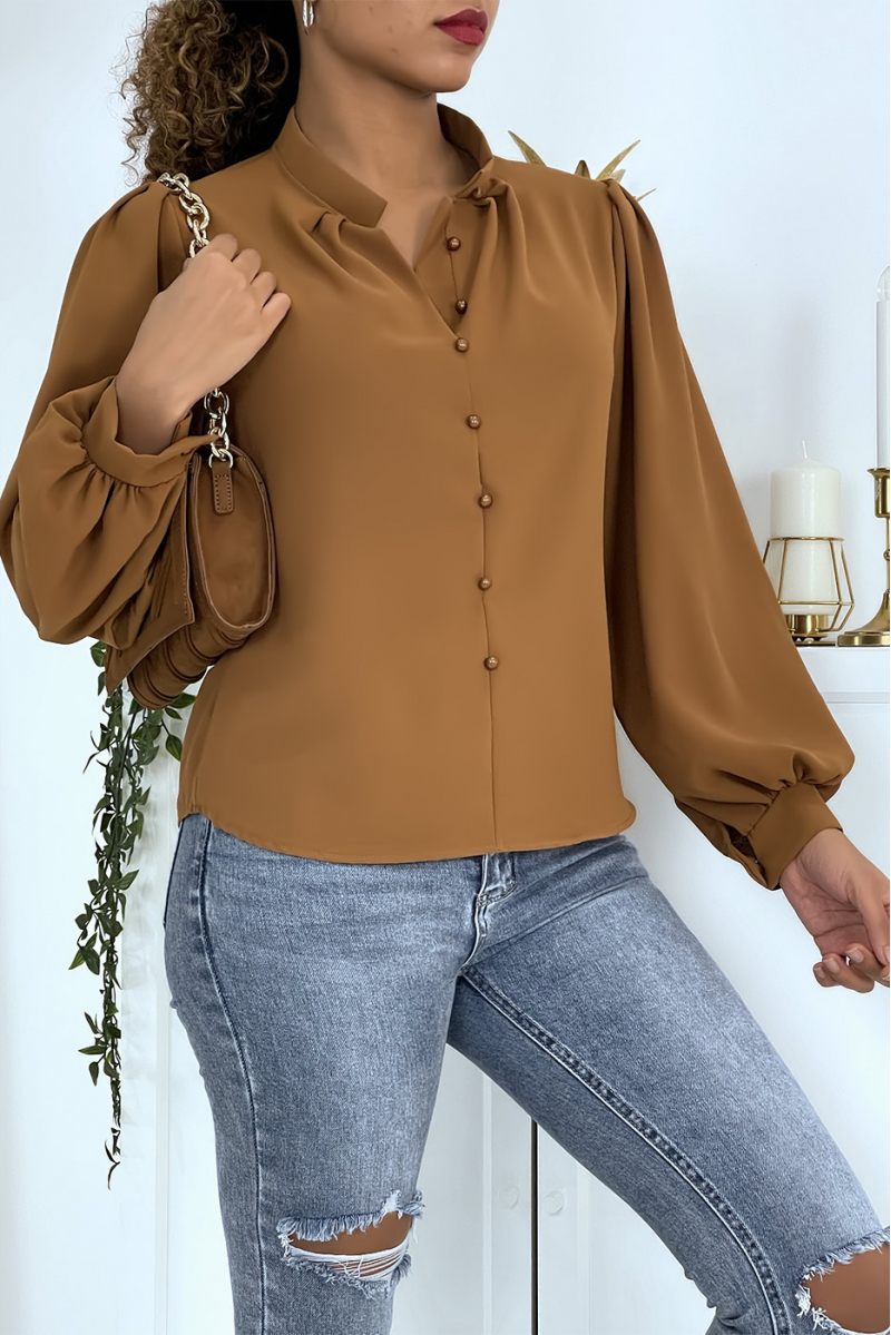 Blouse camel boutonné effet chemise - 6