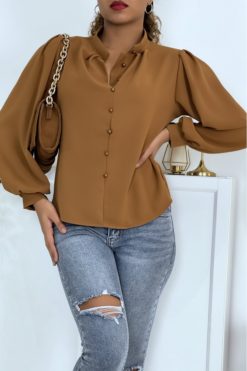 Buttoned camel blouse with shirt effect - 7