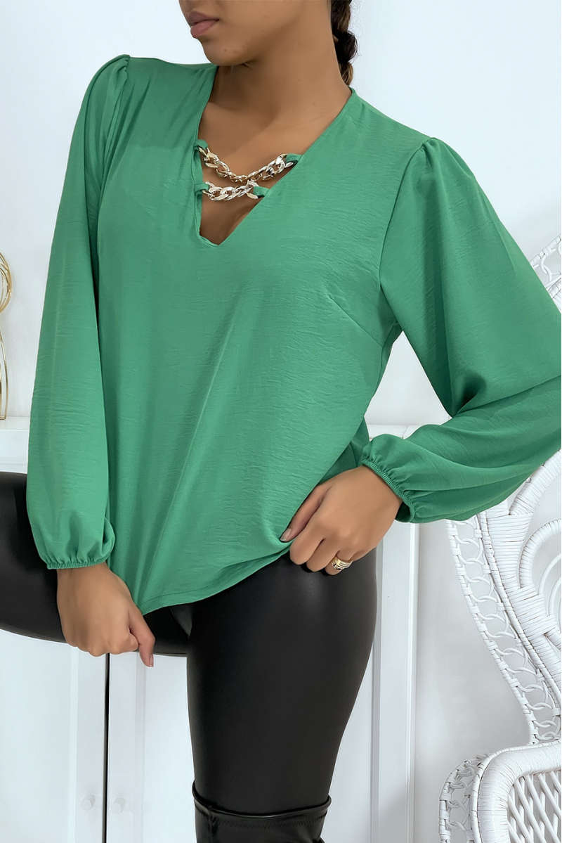 Aqua green V-neck blouse with puff sleeves - 8