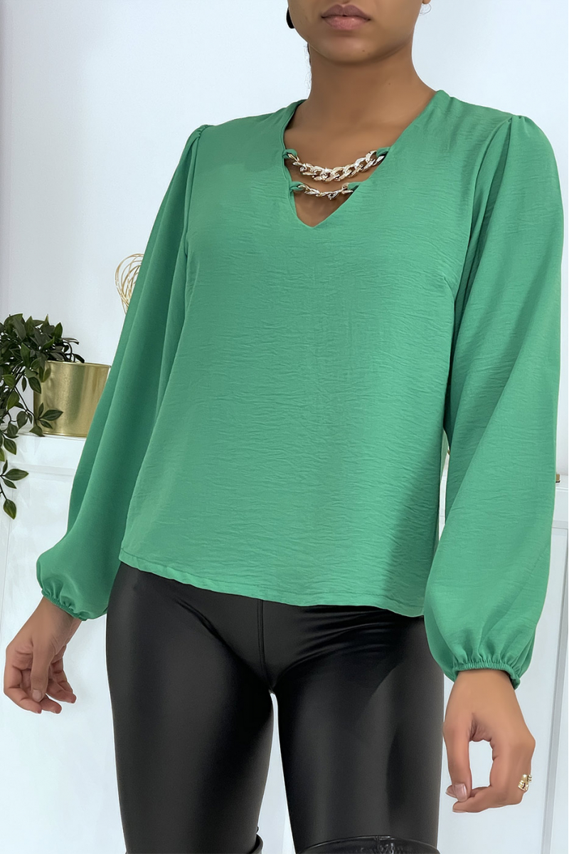 Aqua green V-neck blouse with puff sleeves - 10