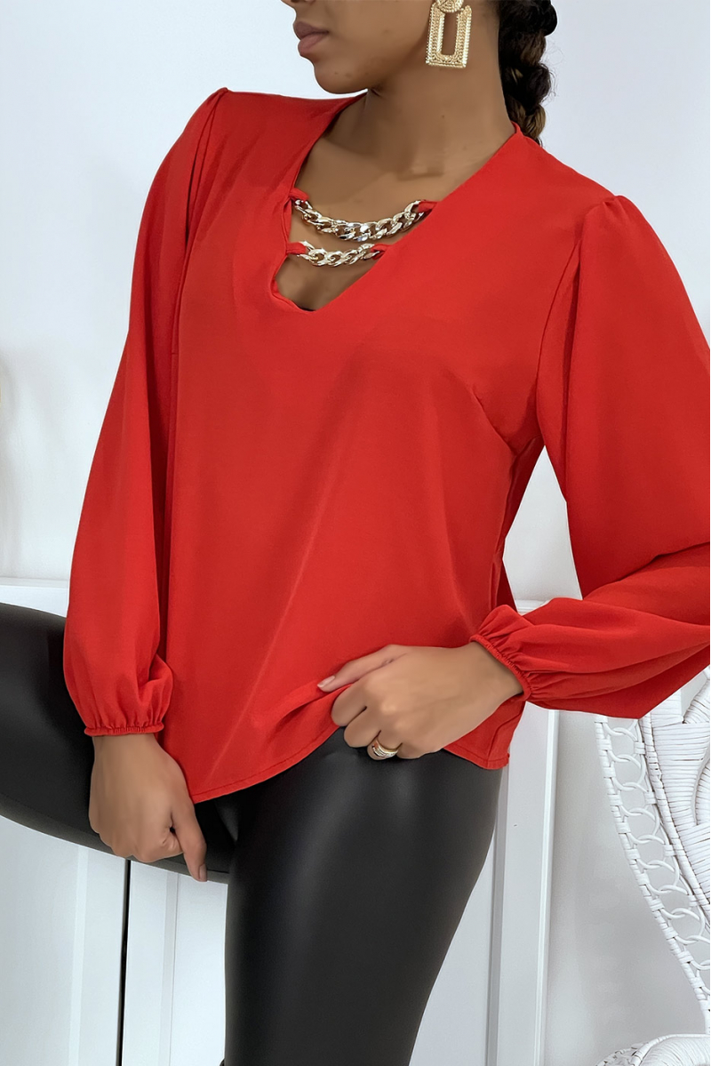 Red V-neck blouse with puff sleeves - 14