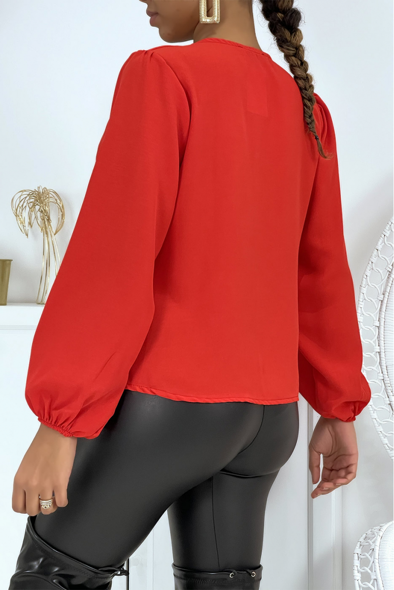 Red V-neck blouse with puff sleeves - 15