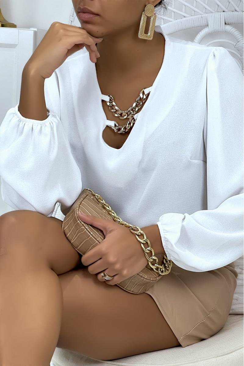 White V-neck blouse with puff sleeves - 29