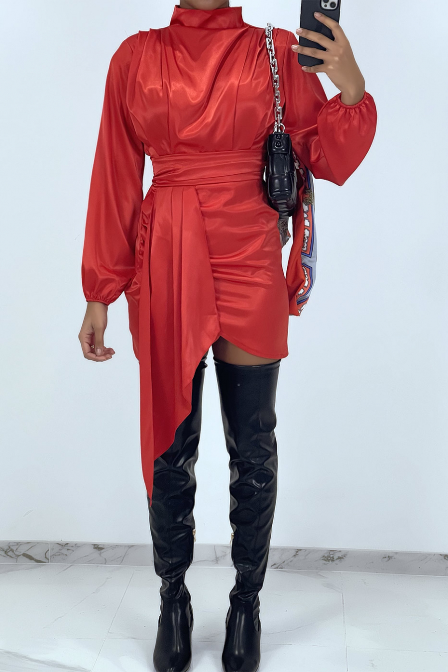 Red satin dress with flounce - 1