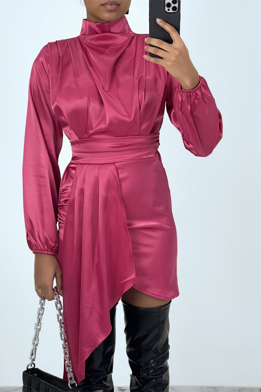 Fuchsia satijnen jurk met volant - 14