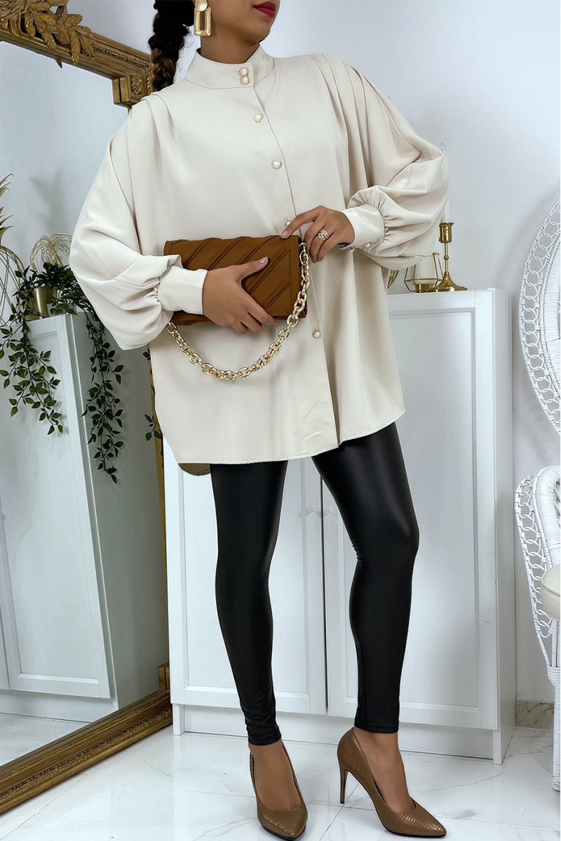Oversized beige overhemd met schouderplooien - 6