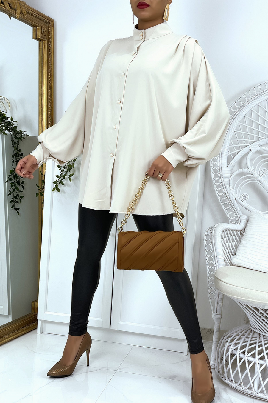 Oversized beige shirt with shoulder pleats - 7