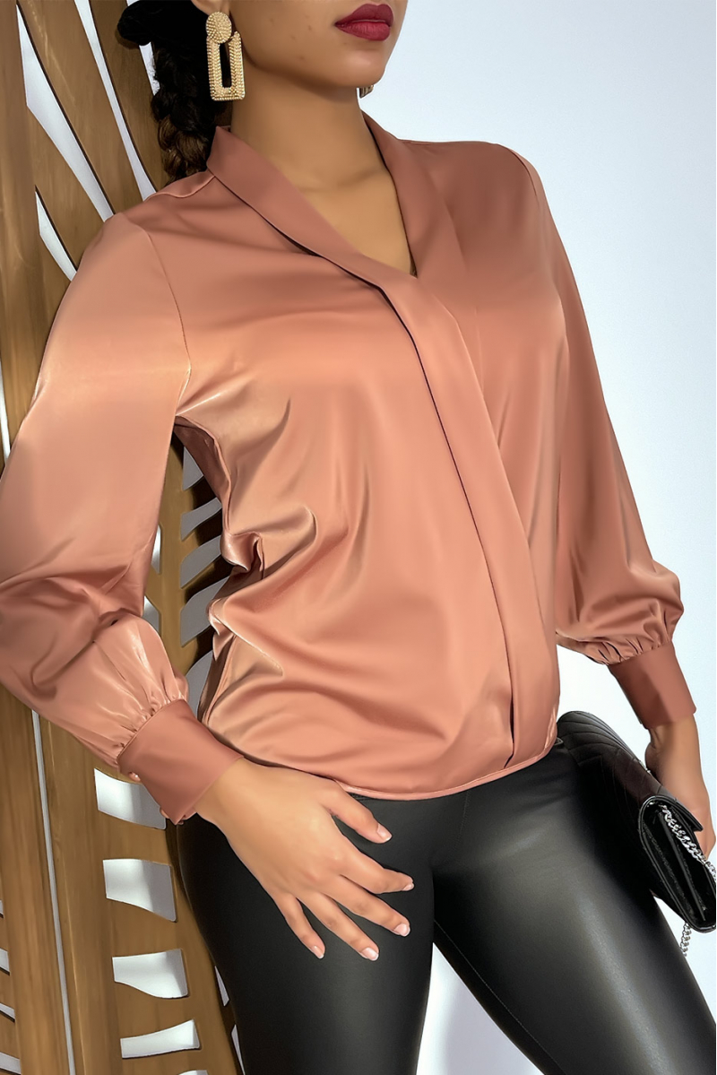 Roze satijnen gekruiste blouse voor dames - 3