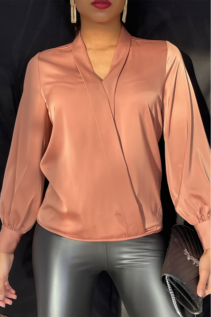 Women's pink satin crossover blouse - 9