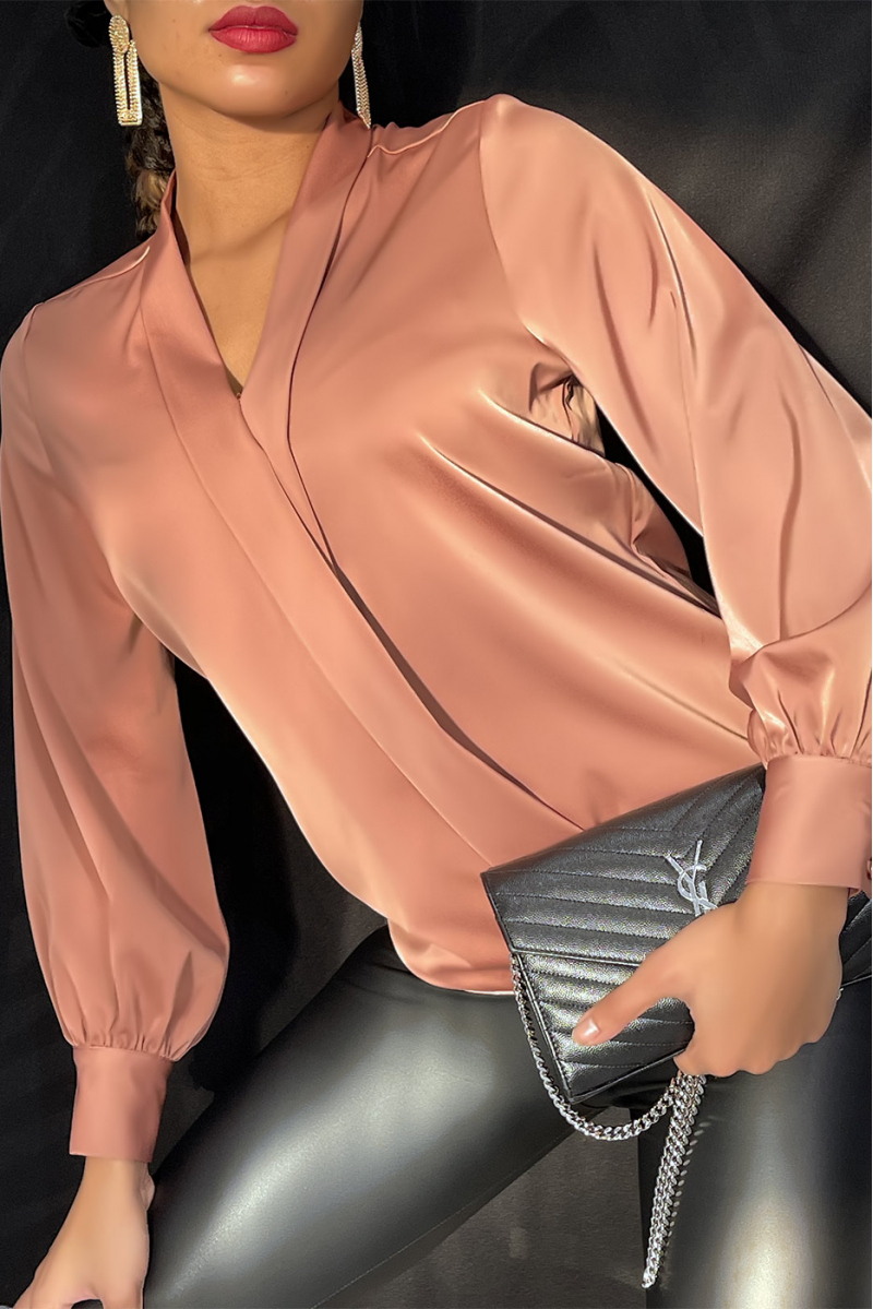 Women's pink satin crossover blouse - 10