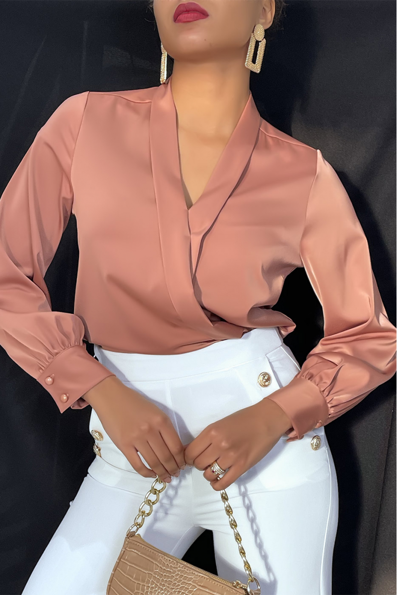 Roze satijnen gekruiste blouse voor dames - 12