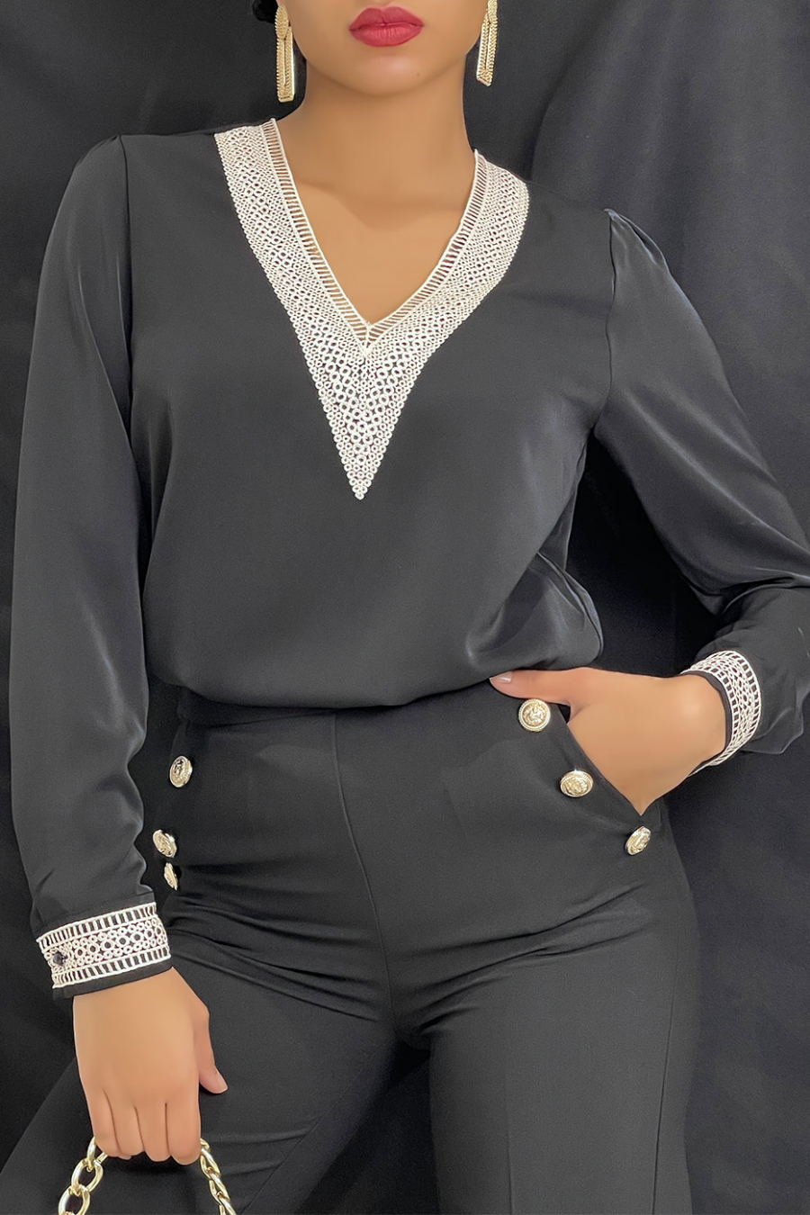 Black V-neck blouse with lace at the collar and sleeves. Women's blouse - 4
