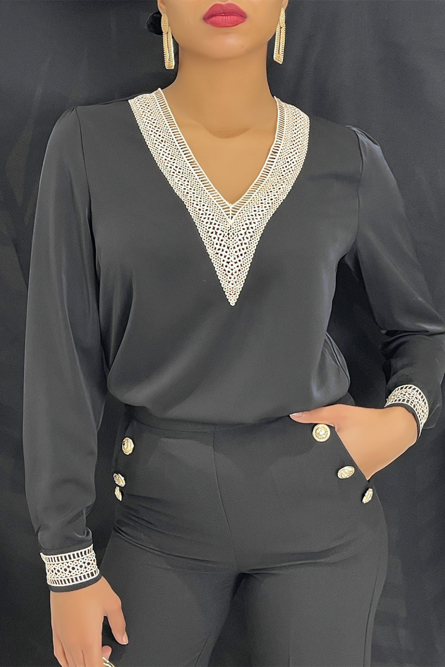 Black V-neck blouse with lace at the collar and sleeves. Women's blouse - 5