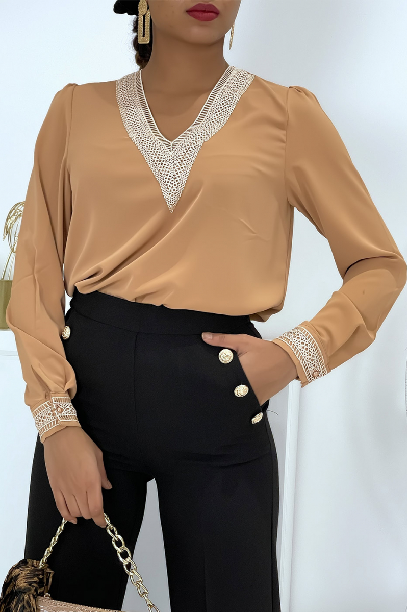 Camel V-neck blouse with lace at the collar and sleeves. Women's blouse - 8