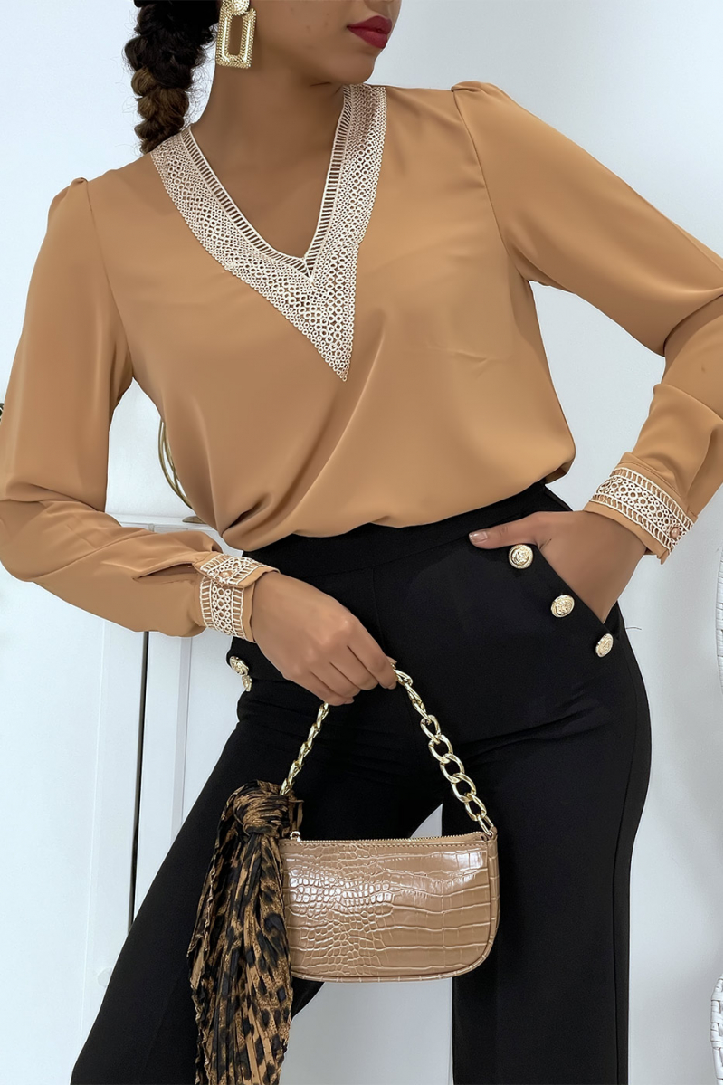 Camel V-neck blouse with lace at the collar and sleeves. Women's blouse - 9