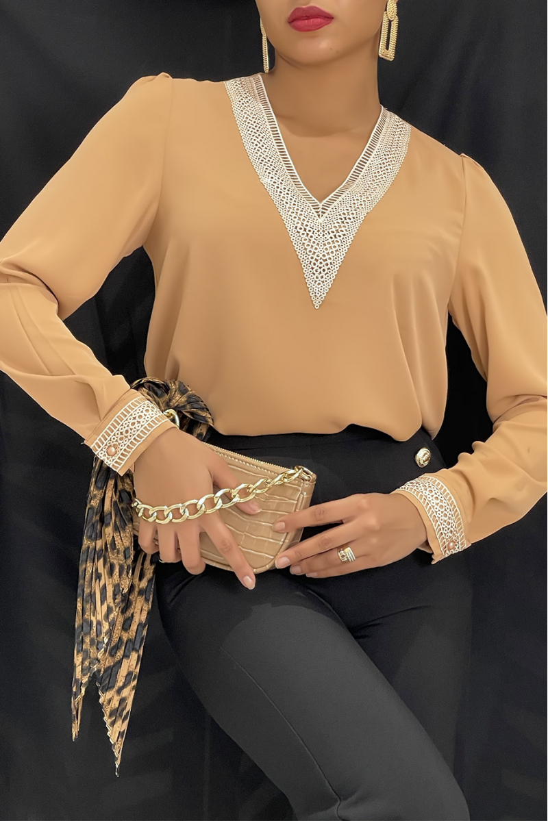 Camel V-neck blouse with lace at the collar and sleeves. Women's blouse - 12