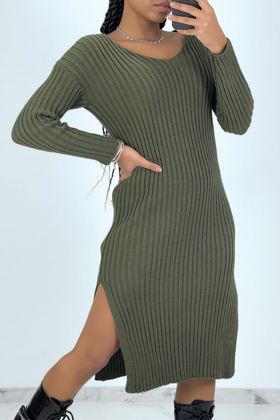 Khaki midi sweater dress with splits on both sides - 2
