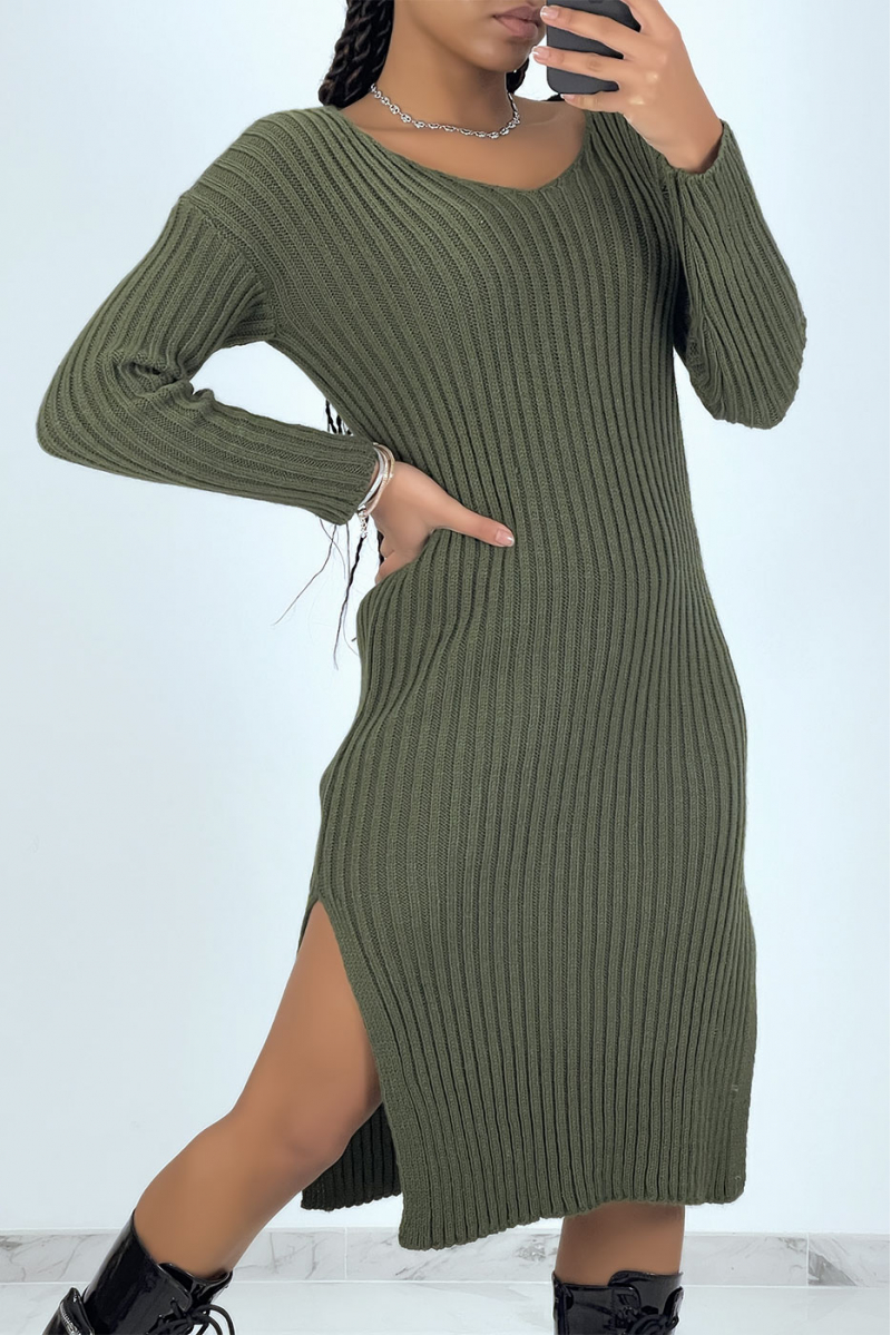 Khaki midi sweater dress with splits on both sides - 2