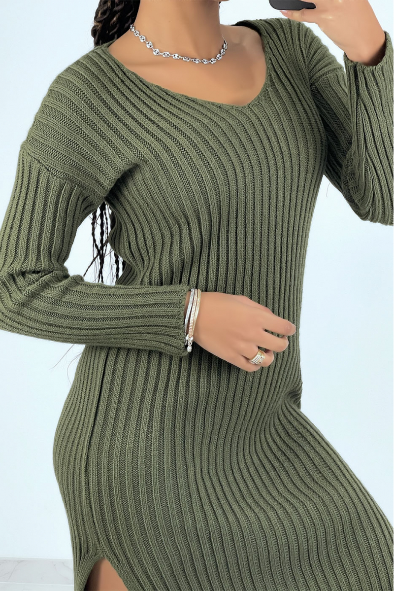 Khaki midi sweater dress with splits on both sides - 3