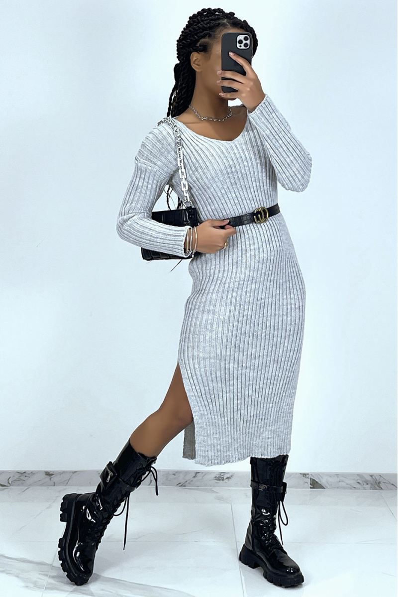 Gray midi sweater dress with splits on both sides - 1