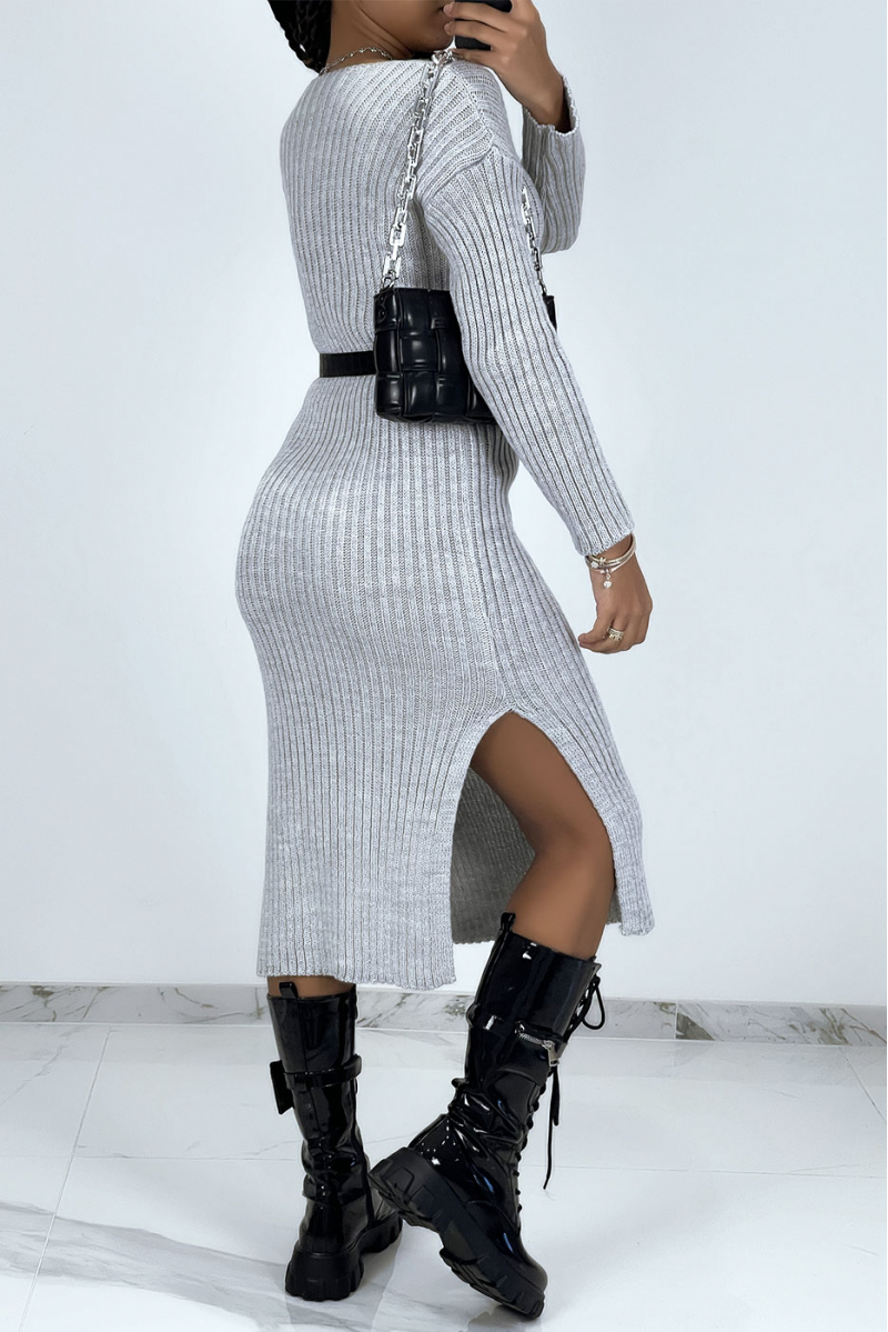 Gray midi sweater dress with splits on both sides - 3