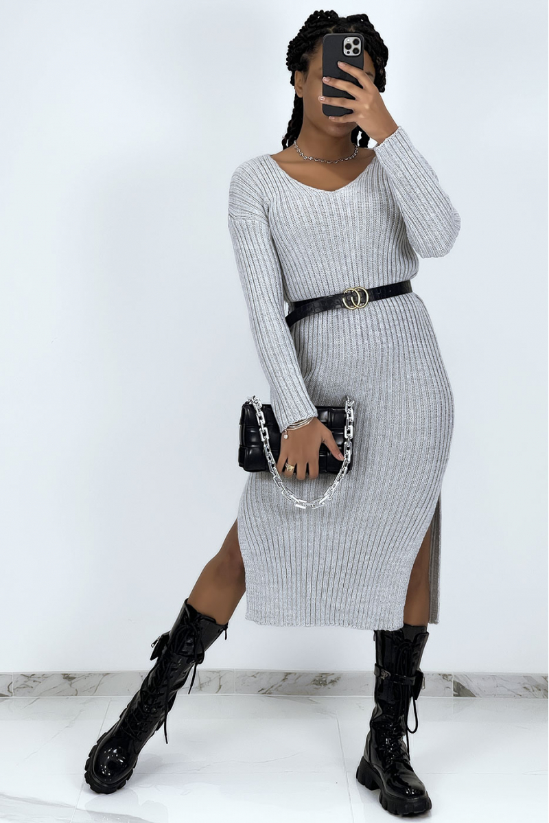 Gray midi sweater dress with splits on both sides - 4
