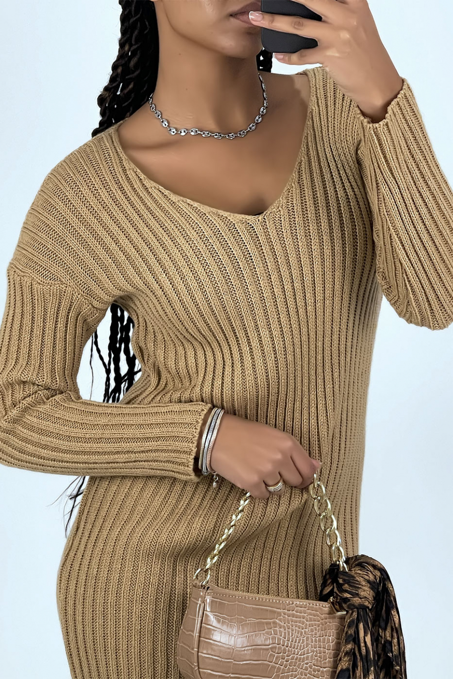 Camel mid-length jumper dress with splits on both sides - 3