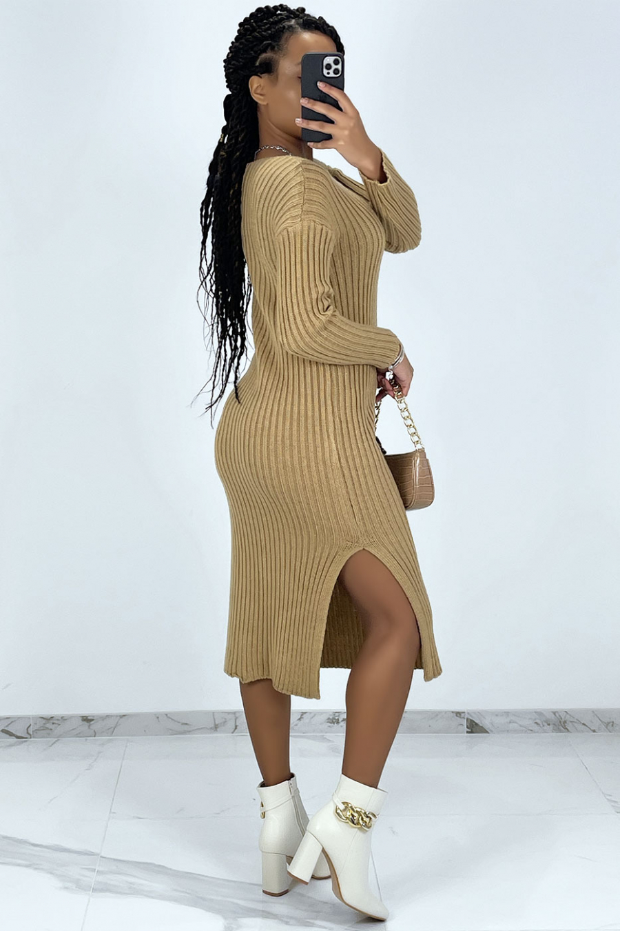 Camel mid-length jumper dress with splits on both sides - 5