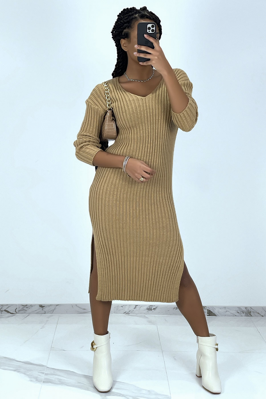 Camel mid-length jumper dress with splits on both sides - 6