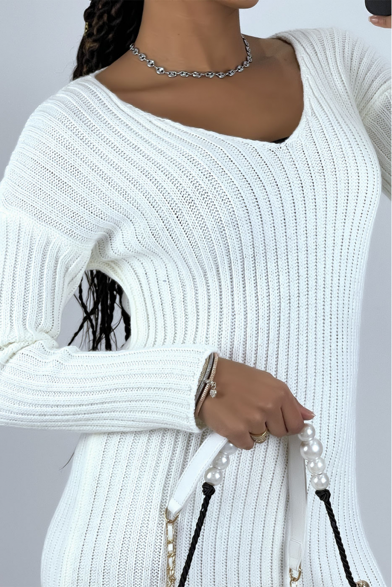 Witte midi sweaterjurk met splitjes aan beide kanten - 5