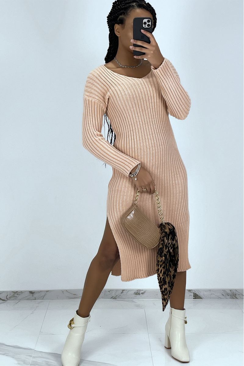 Pink midi sweater dress with splits on both sides - 2