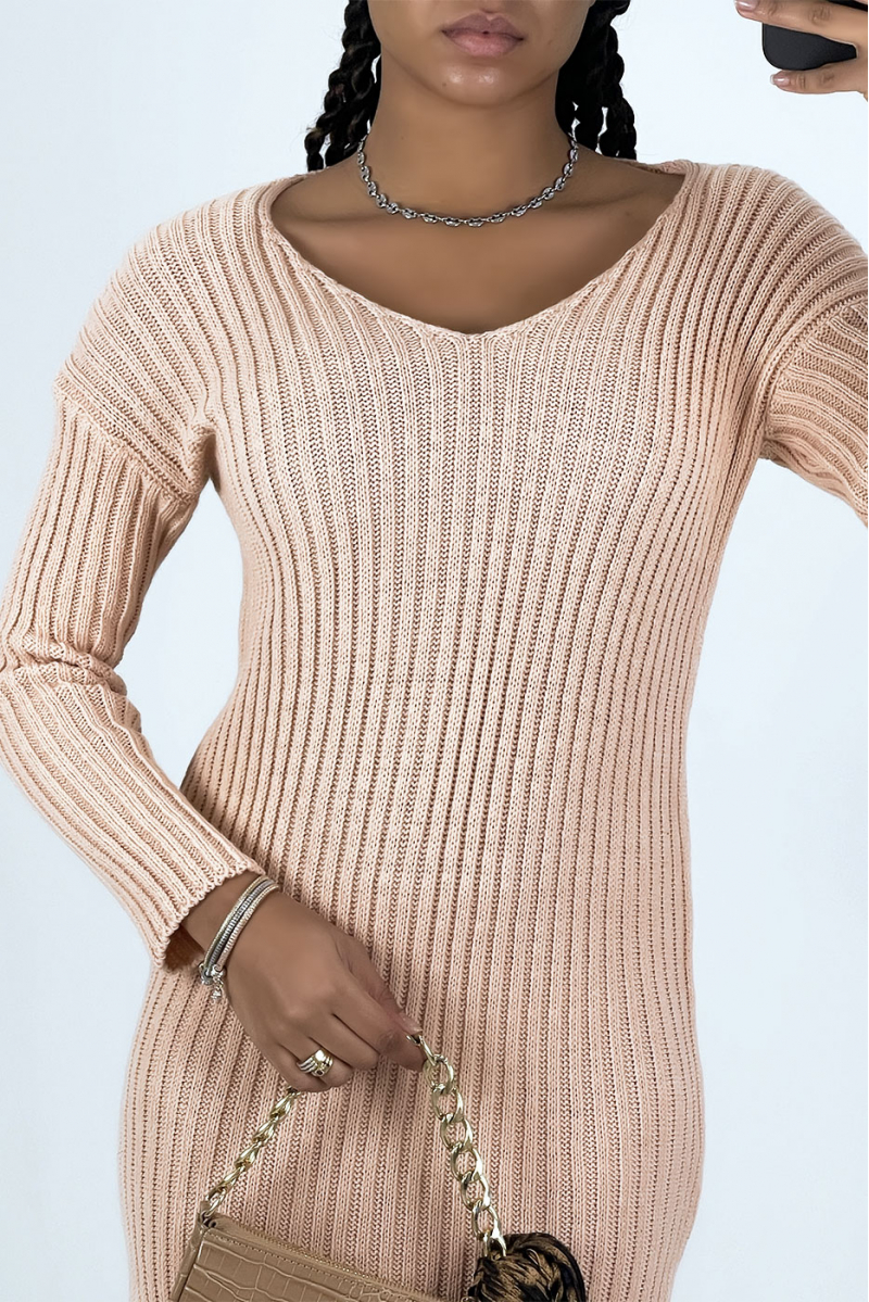 Roze midi sweaterjurk met splitjes aan beide kanten - 3