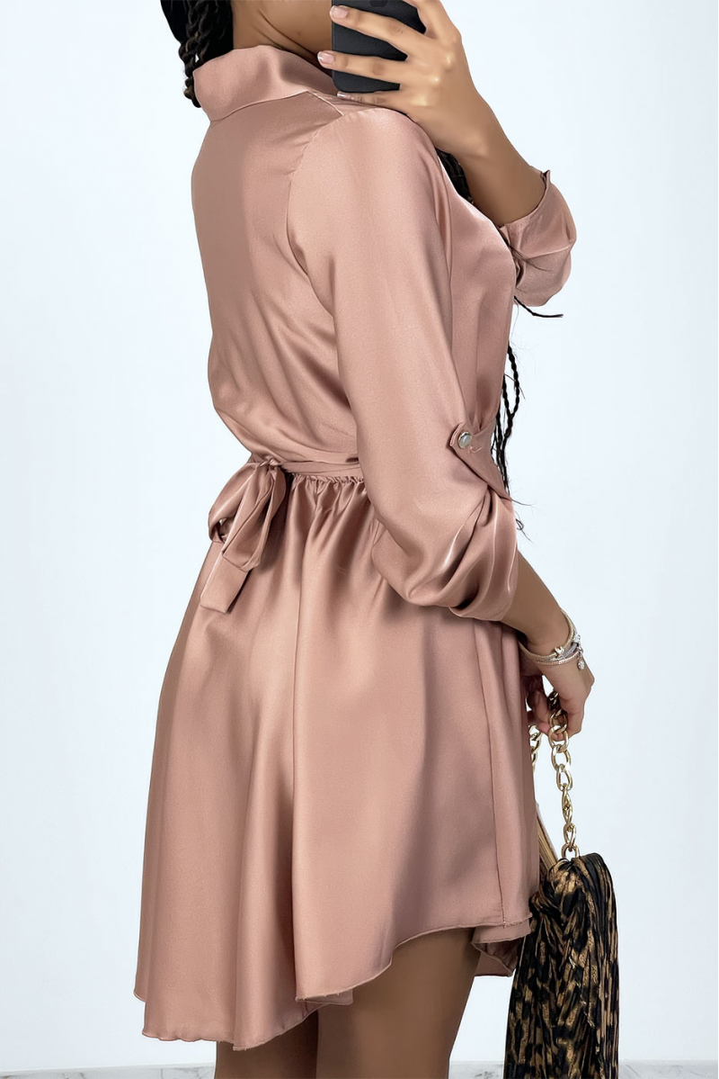 Pink satin shirt dress with belt - 6