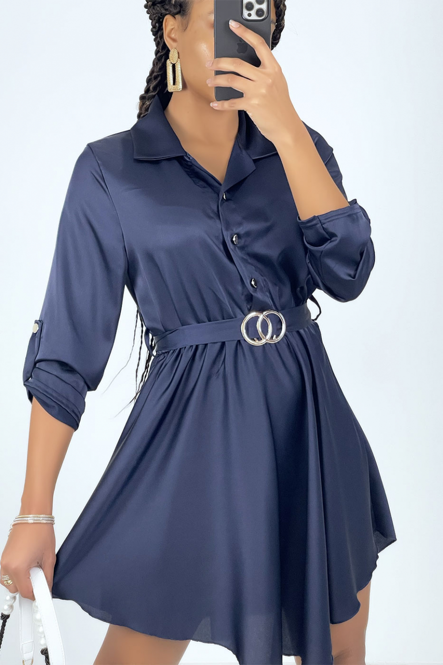 Navy satin shirt dress with belt