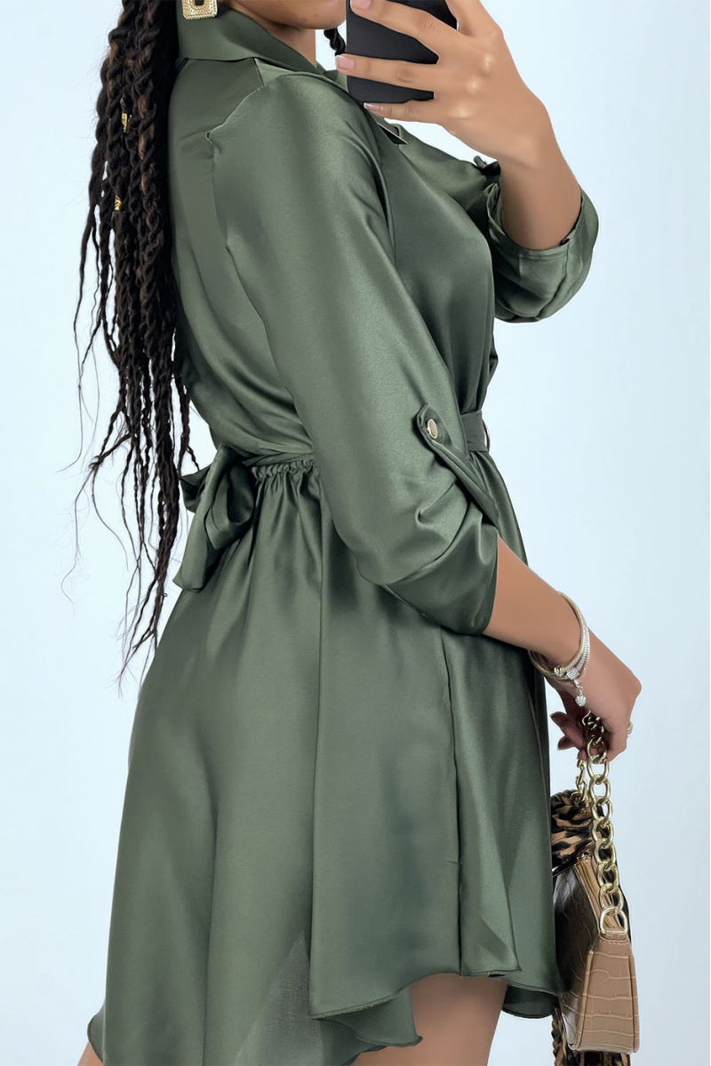 Green satin shirt dress with belt - 6