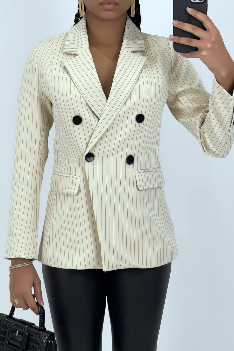 Veste blazer beige rayé doublé - 1