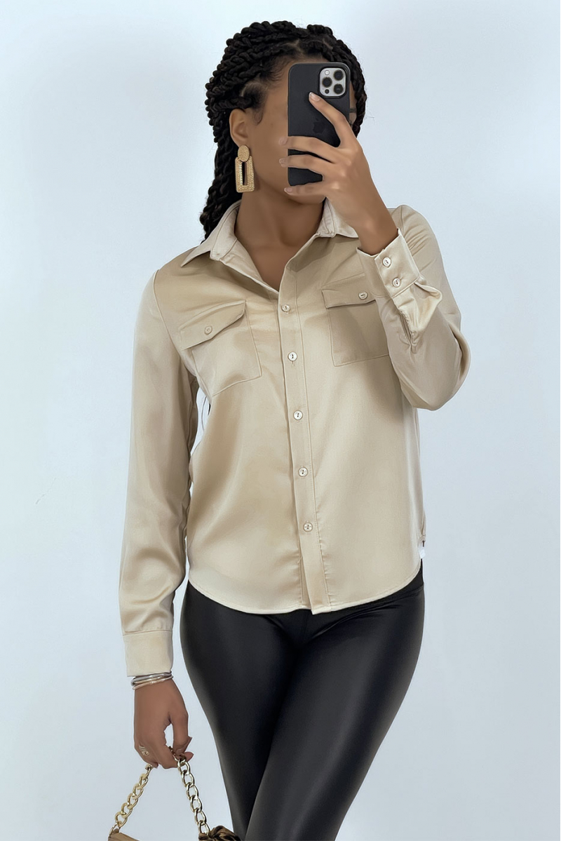 Women's beige satin shirt with pockets - 3