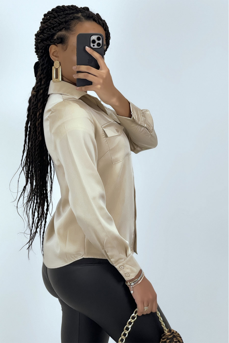 Women's beige satin shirt with pockets - 4