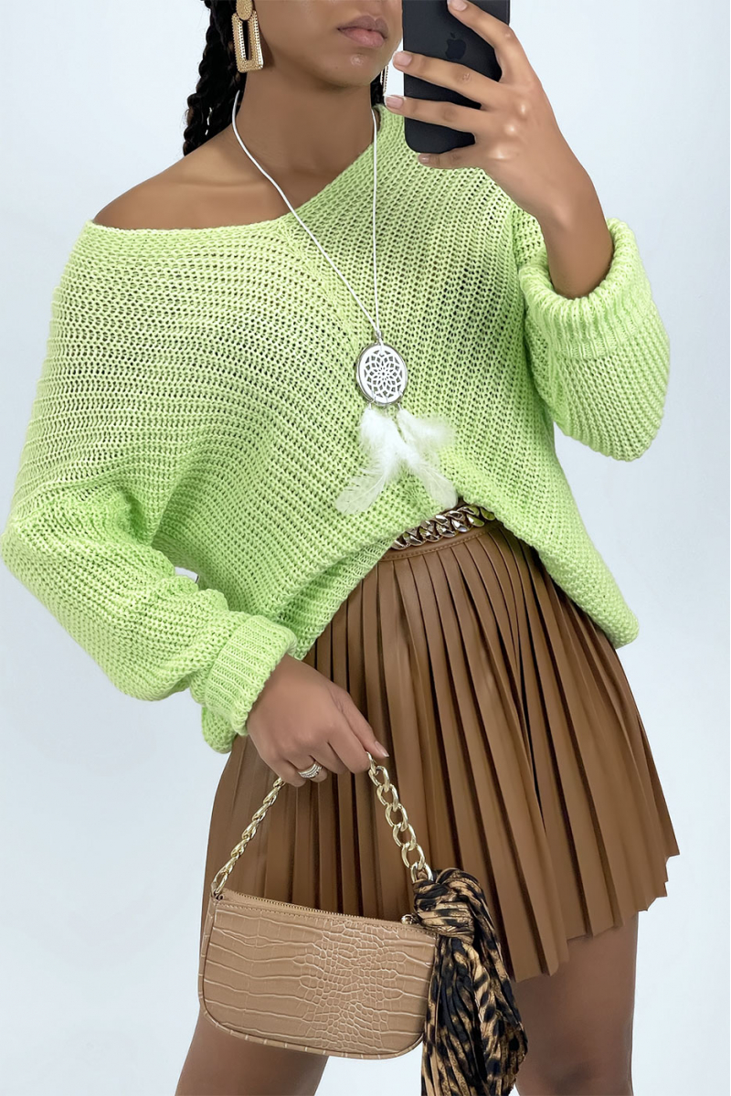Anise green knit V-neck sweater - 2