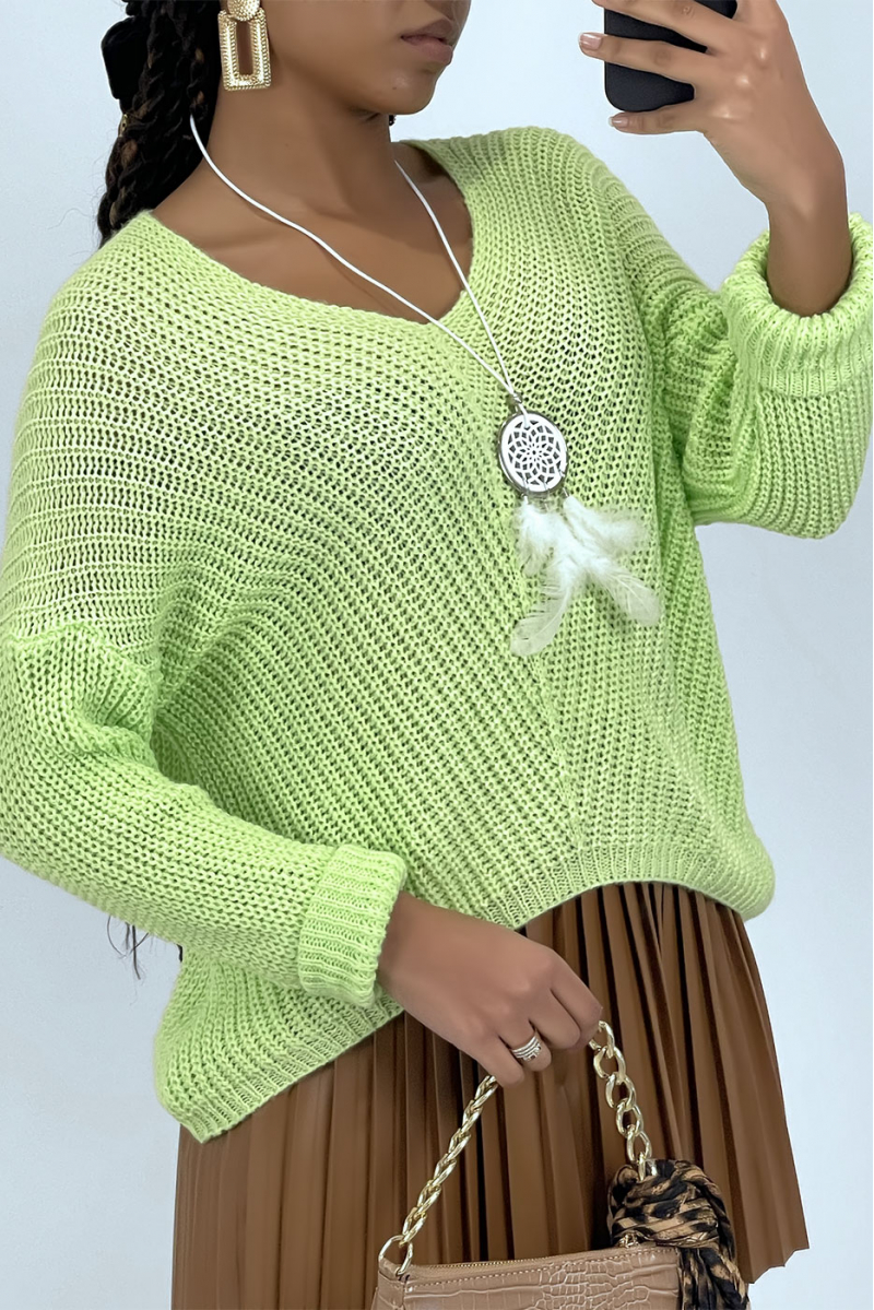 Anise green knit V-neck sweater - 5