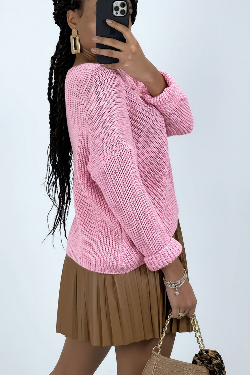 Pink knit V-neck sweater - 3