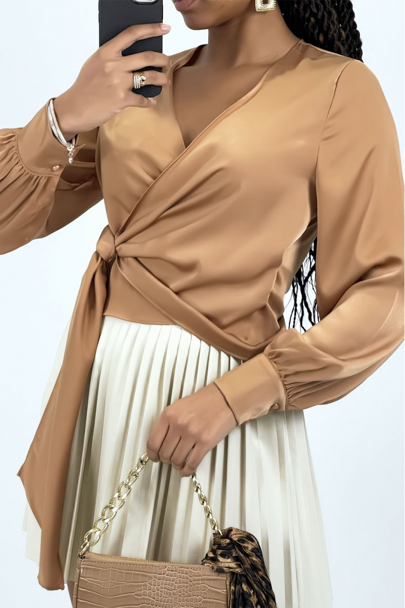Beige pleated faux leather skirt - 1