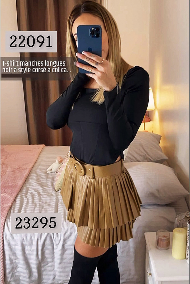 Faux camel pleated mini skirt with belt - 2