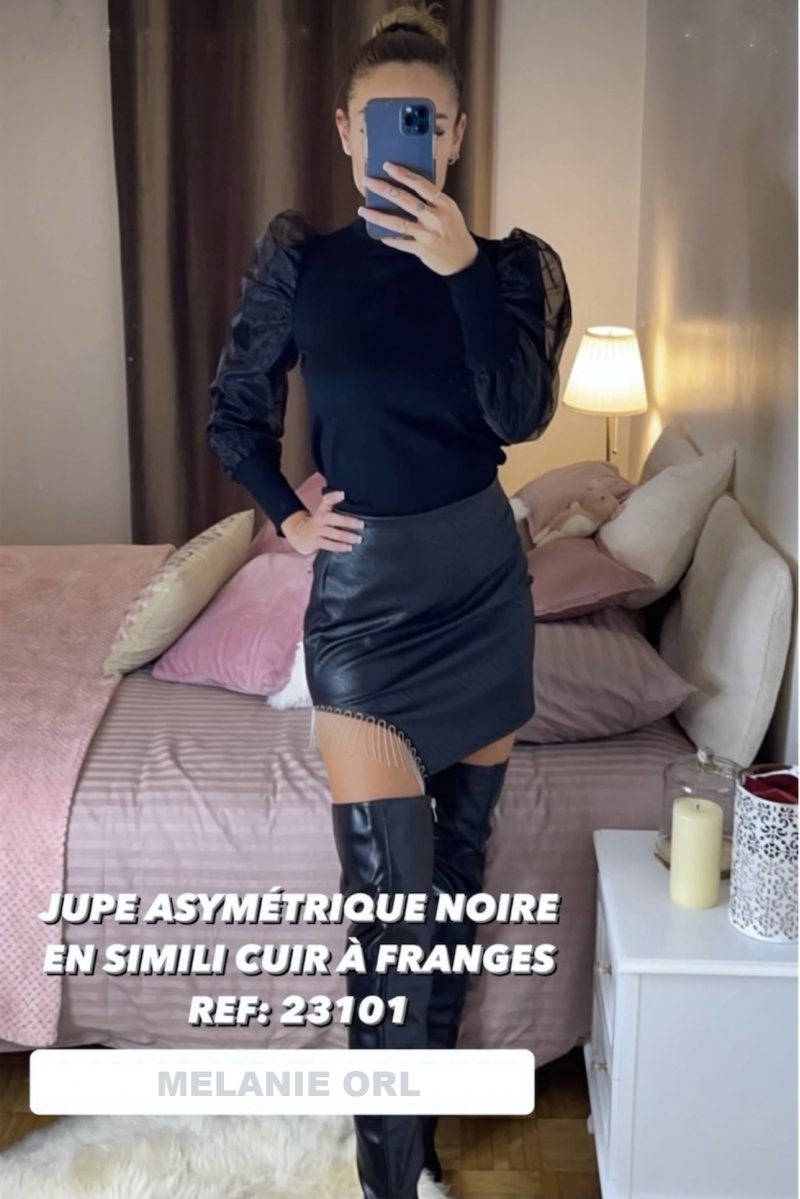 Asymmetric black faux leather skirt with fringes - 1