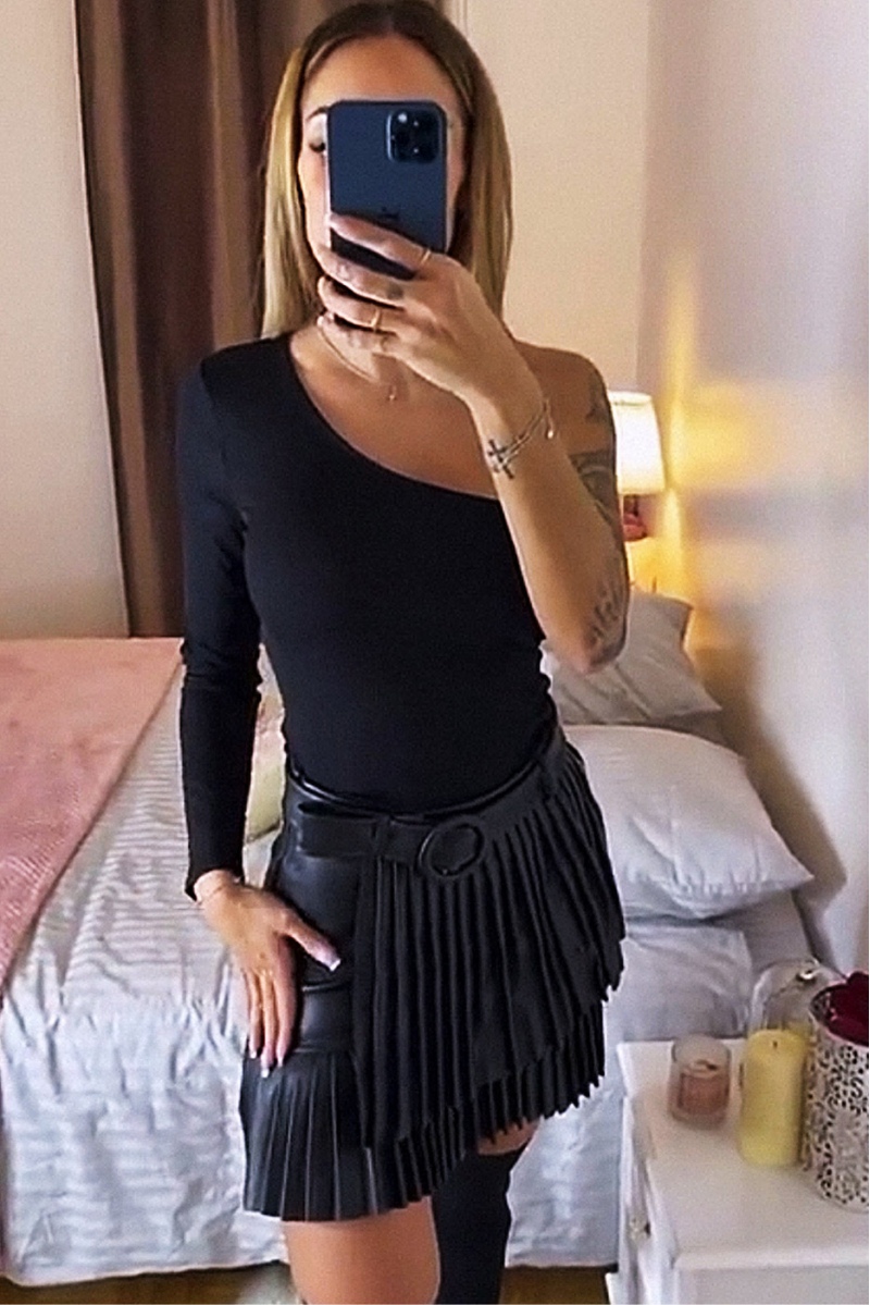 Black faux pleated belted skirt - 2