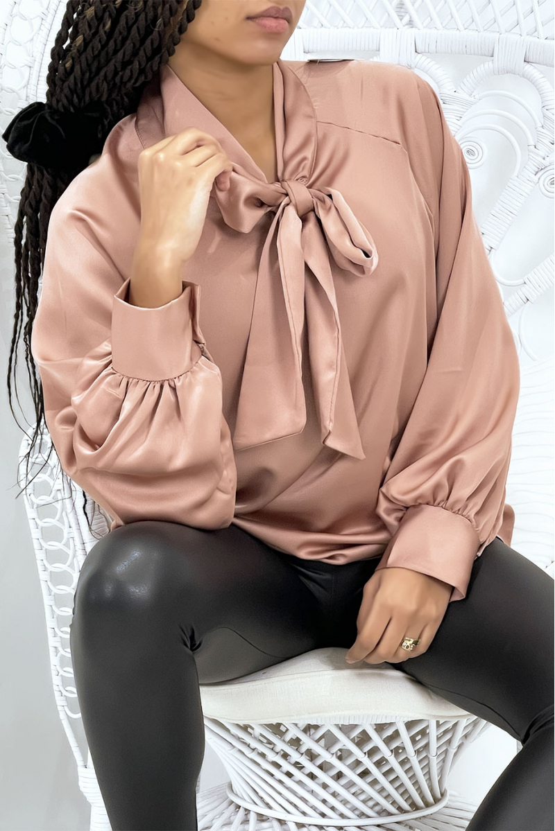 Taupe Satin Pussybow Blouse
