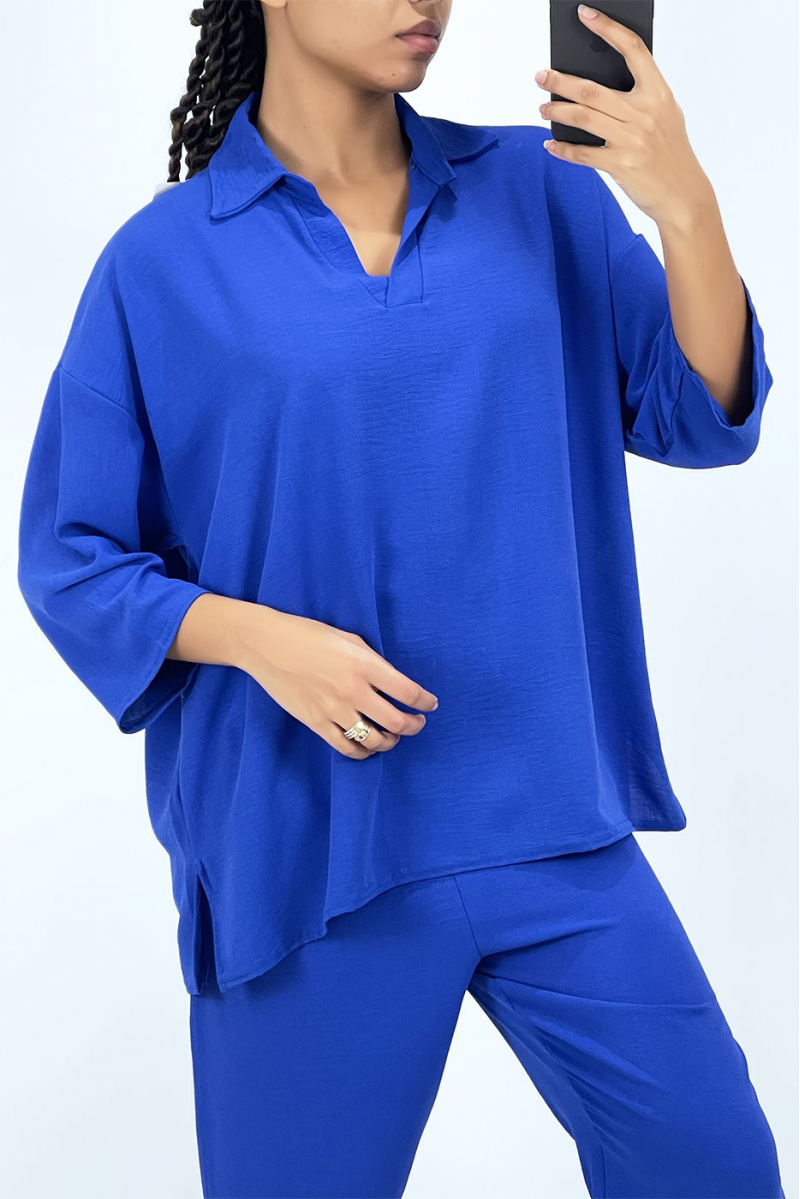Koningsblauwe vloeiende blouse en broek set - 2