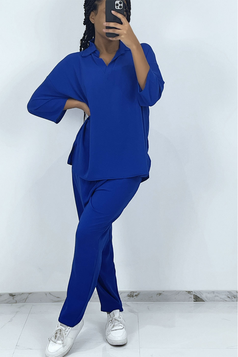 Koningsblauwe vloeiende blouse en broek set - 6