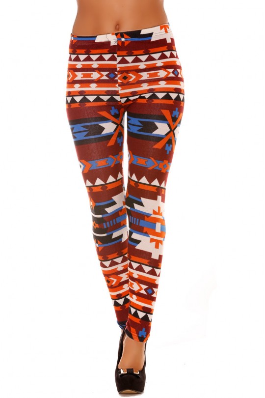 Leggings en acrylique coloré orange, bordeaux, bleu et motifs aztèque. Leggings pas cher 113-2 - 1