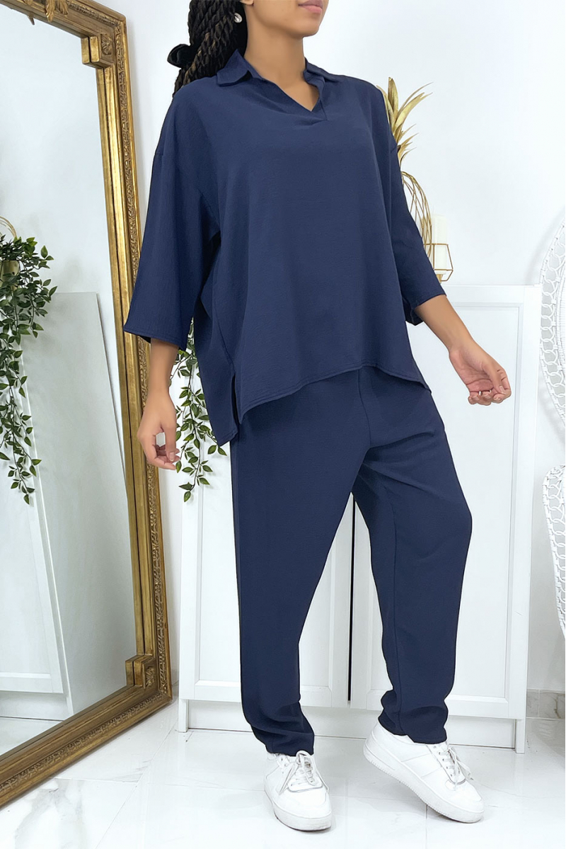 Marineblauwe soepelvallende blouse en broekset - 2